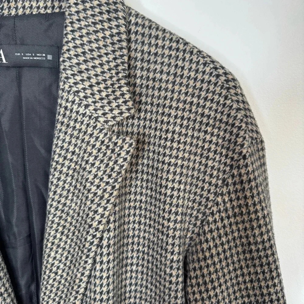 Zara Micro Check Cotton Blend Houndstooth One Button Longline Car‎ Coat Blazer